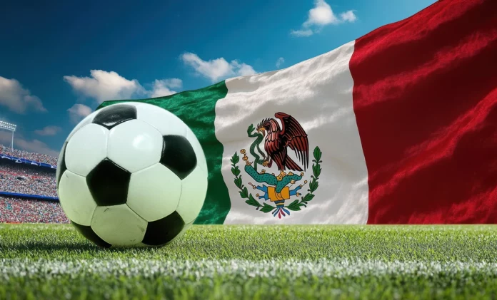 Balón en un campo de fútbol con la bandera de México de fondo.