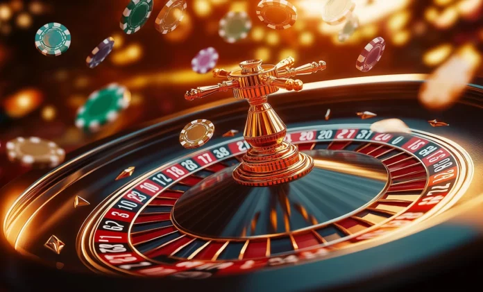 Ruleta con fichas de casino flotando alrededor