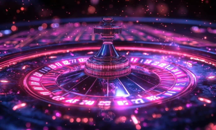 ruleta de casino digital con brillos y luces cibernéticas.