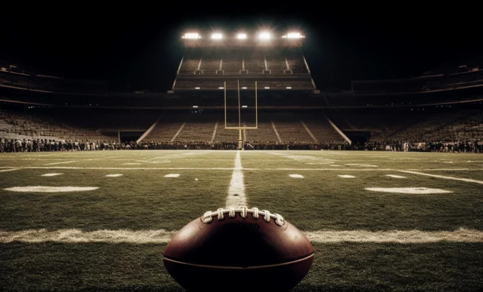 Balón de fútbol americano en una cancha con panorámica de fondo en la noche