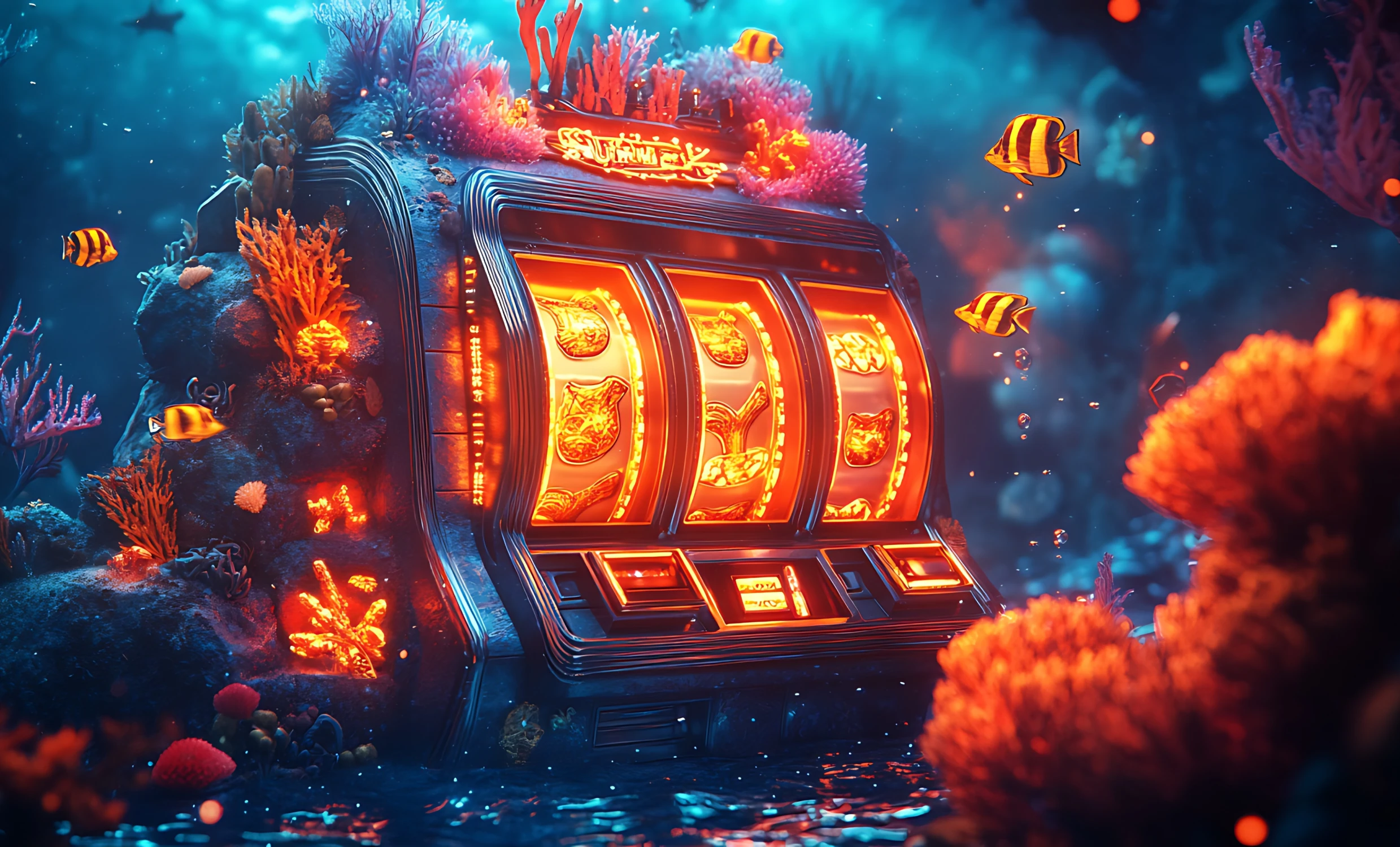 Tragamonedas sumergida en el agua con temática marina y arrecifes con peces alrededor.