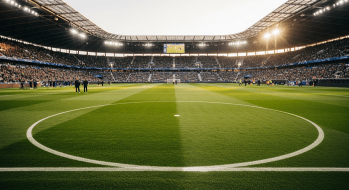 Jugadores de Hungría y Kazajistán durante un partido de fútbol internacional en estadio europeo